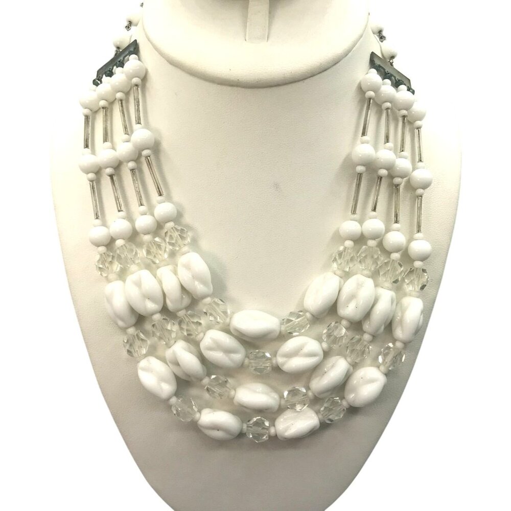 Milk Glass Multi Strand Choker, White Beads and Clear Faceted Crystals, Vintage